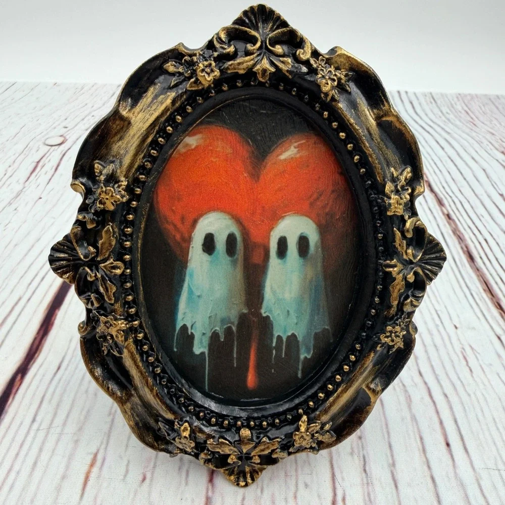 Mini Ghost Heart Art Print Decoupage Gold Black Gothic Frame 4.25